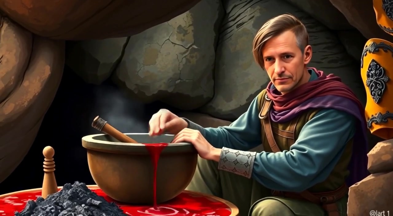 The man gently stirs a mixture of charcoal, mud, and animal blood in a stone bowl inside a dim cave.