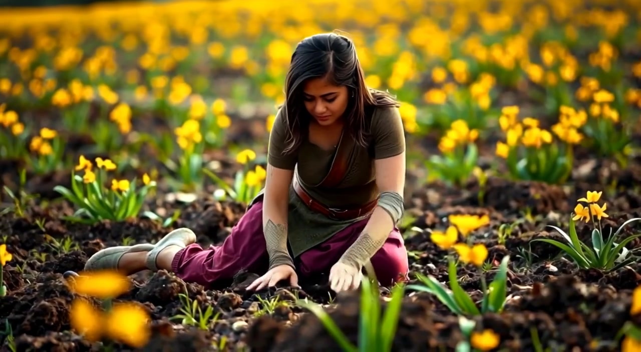 The woman gently plants seeds into the rich soil, her hands moving slowly in the sunlit field.
