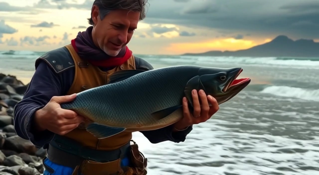 The man gently lifts the large fish, water glistening under the sun as waves roll onto the sandy beach.