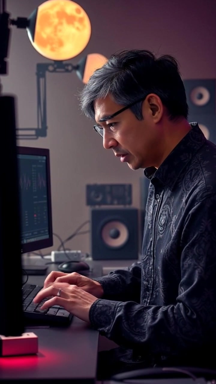 Pak Budi, wearing a lab coat and glasses, furiously types on a computer with an AI interface in a high-tech lab filled with gadgets. The camera zooms in on his focused expression as he interacts with the advanced technology. Close-up shot with dynamic camera movement to convey the intensity of the scene. Soft ambient lighting adds a futuristic and tech-savvy atmosphere.