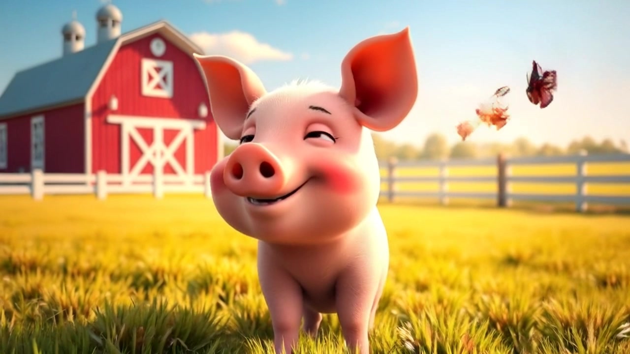Pip The Pig stands in a sunny meadow, looking excitedly at a group of butterflies fluttering nearby.