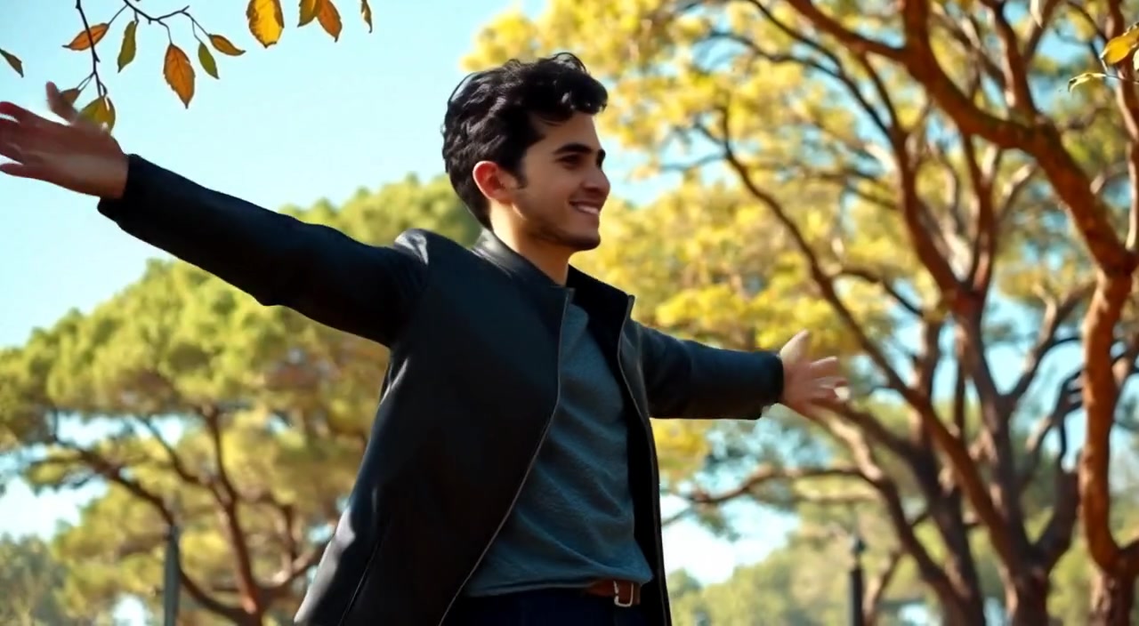 The boy gently spins in the park, arms wide open, laughing under a bright blue sky surrounded by lush trees.