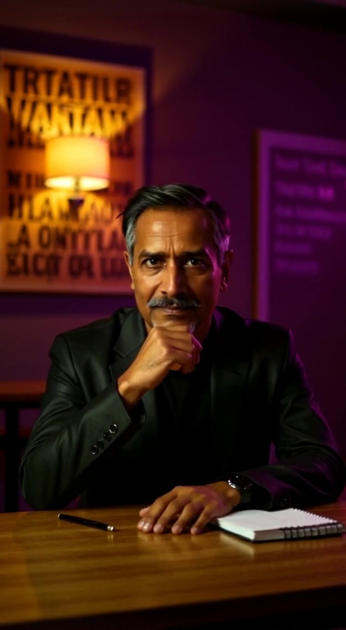 The man glances thoughtfully at the motivational poster on the wall, surrounded by books and a dimly lit room.
