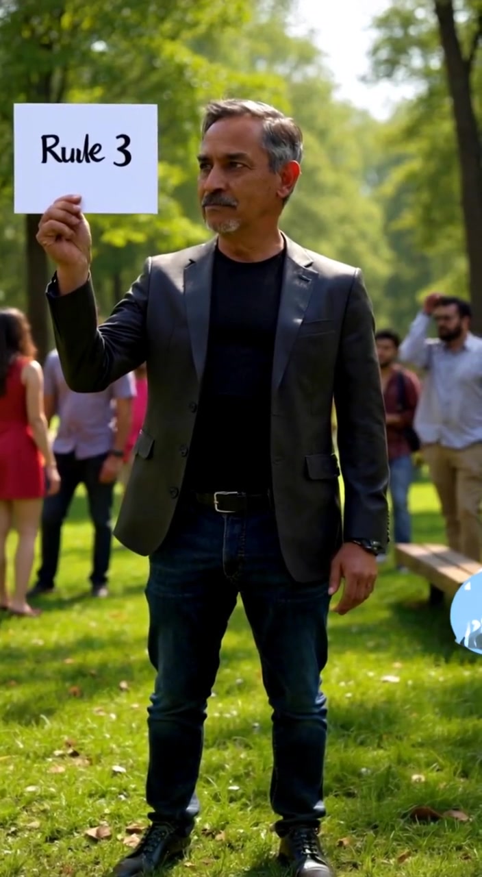 Raj gently raises the sign labeled 'Rule #3' as the crowd behind him murmurs in anticipation.