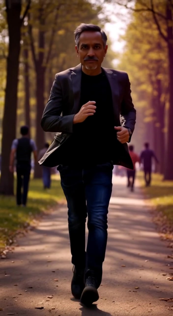 A boy runs through a park, trees swaying gently as blurred figures chase him in the distance.