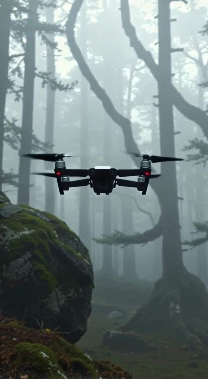 An FPV drone hovers gracefully in thick fog, its propellers spinning gently while the mist swirls around.