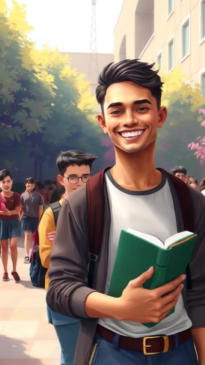 Subject: A smiling individual holding a book. Subject movement: The individual shares a joyful moment with classmates, gently swaying from side to side in excitement. Scene: A lively school courtyard filled with students engaging in conversation and laughter. Style: Bright, natural sunlight illuminating the scene, creating an inviting atmosphere. Motion: Camera pans smoothly across the group, capturing their interactions and the vibrant setting, with occasional close-ups of the book and smiling faces.