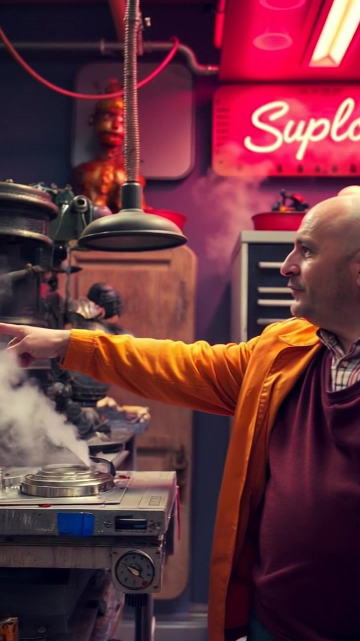 Subject: A passionate inventor in a cluttered workshop. Subject movement: The inventor gestures animatedly towards a steaming machine, conveying excitement and enthusiasm. Scene: Inside a vibrant workshop filled with tools, blueprints, and inventions in progress. Style: Warm, ambient lighting highlights the rich textures of wood and metal throughout the workspace. Motion: Camera employs a dynamic push-in shot, focusing on the inventor's expressive face and sweeping around to showcase the intricate machinery and busy surroundings.