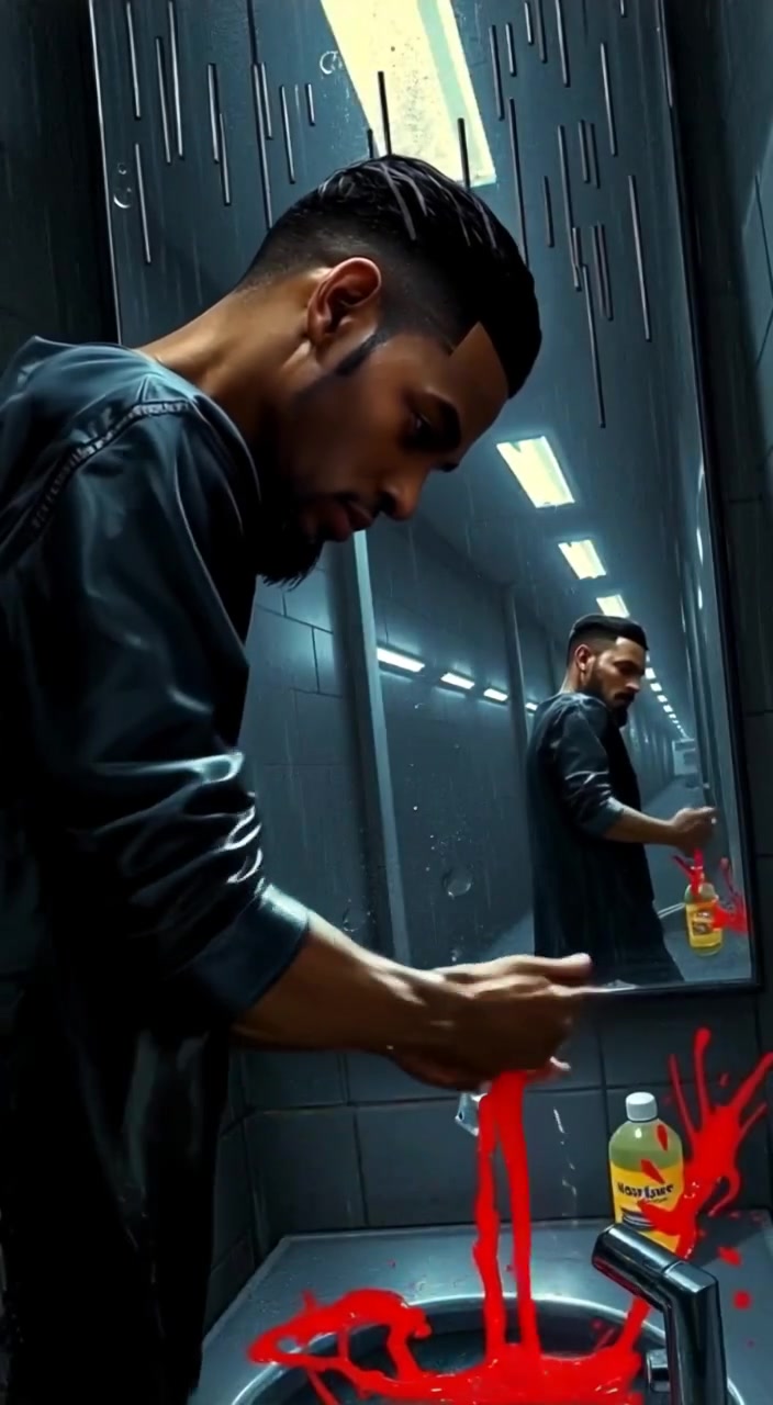 The man gently scrubs his hands, reflecting in the mirror as water drips down the faucet.