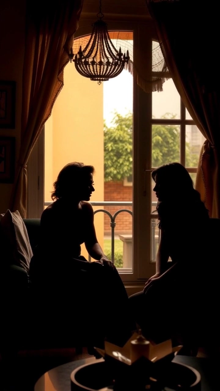 Scene: A cozy living room with warm, inviting decor, where two friends are sitting across from each other, engaged in a heartfelt conversation. Style: Soft, ambient lighting creates a relaxed atmosphere, complementing the plush seating and colorful throw pillows. Motion: The camera slowly pushes in, capturing the intimate exchange between the two, as their expressions shift, highlighting the depth of their connection.