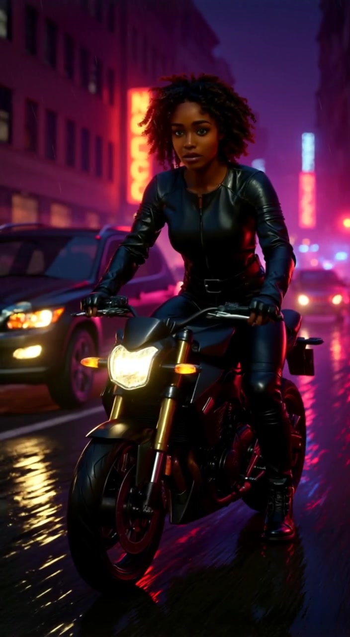 The woman accelerates her vehicle steadily, eyes fixed intently on a black SUV ahead.