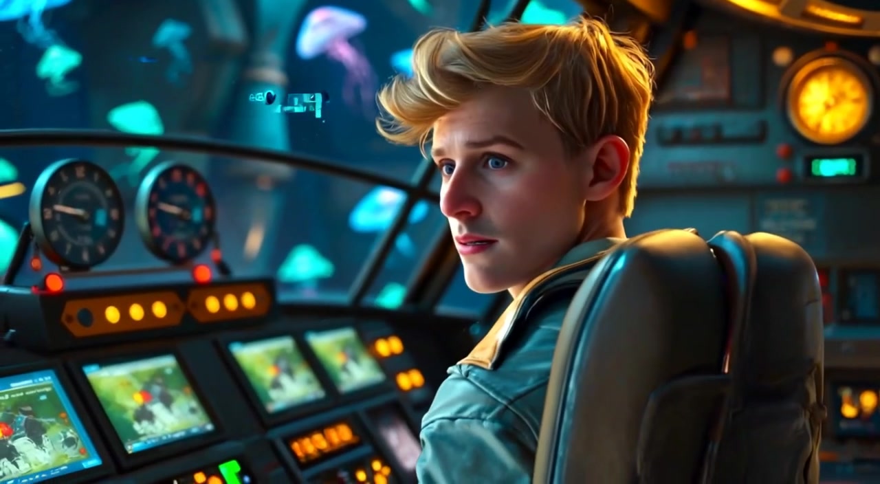The pilot gazes out at the bustling station, machinery humming softly in the background.