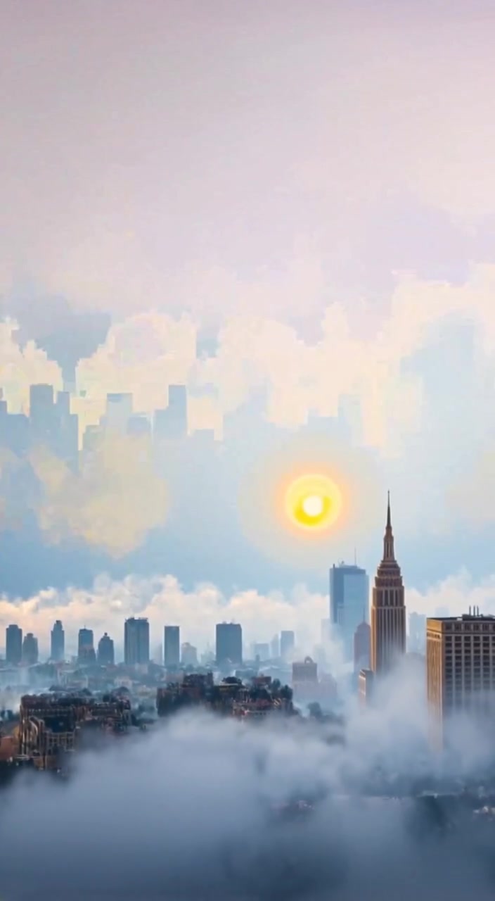 Fog gently shifts between the dream-like landscape and the realistic cityscape, creating a mystical boundary.