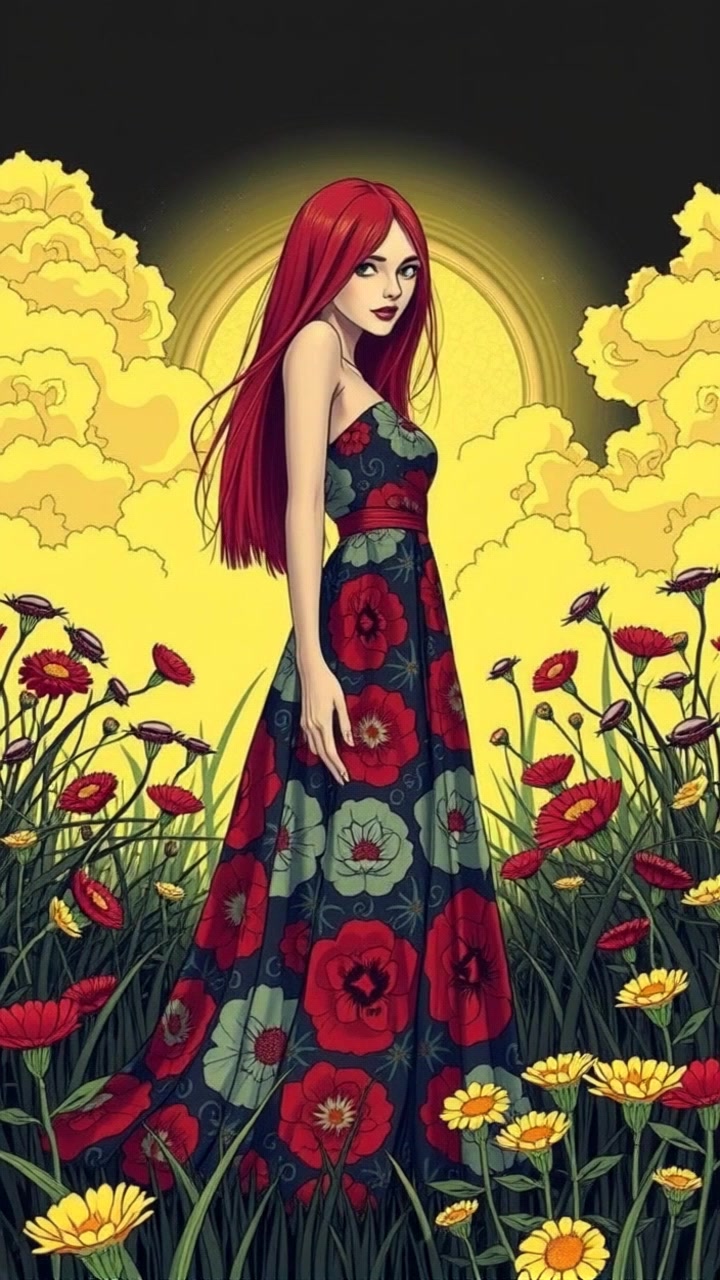 Aura stands in a sunny meadow, wearing a flowing colorful dress, surrounded by blooming flowers.