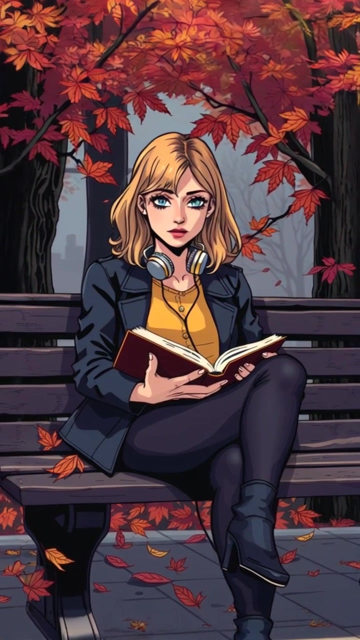 Scene: A serene park setting filled with vibrant autumn leaves, where an individual sits peacefully on a bench, engrossed in a book while wearing headphones. Style: Warm, golden sunlight filtering through the trees, casting dappled light on the ground. Motion: The camera gently pulls back from a close-up of the book's pages turning, revealing the individual and then panning around to capture the colorful canopy of fall foliage swaying softly in the breeze.
