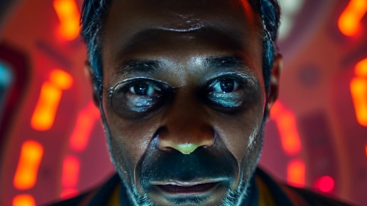 A close-up of Obong Iyip's piercing blue eyes, staring intently in a smoky room.
