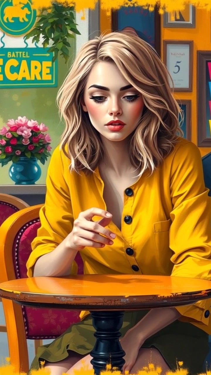 Subject: A woman sitting at a small café table. Subject movement: She nervously fidgets with her hands, glancing around anxiously. Scene: A cozy café corner, softly decorated with potted plants and warm wooden furniture. Style: Ambient lighting creating a relaxed yet tense atmosphere. Motion: The camera gently pushes in from a distance, capturing the intimate setting while focusing on her subtle movements, evoking a sense of anticipation.