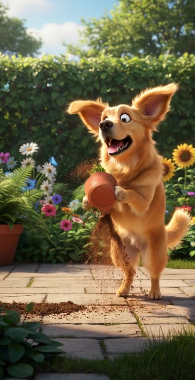Buddy jumping in surprise as he accidentally knocks over a flower pot, dirt spilling onto the patio.