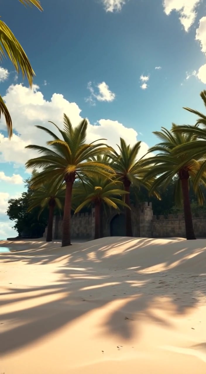 Exotic trees sway gently as soft waves lap the shoreline under a bright sky.