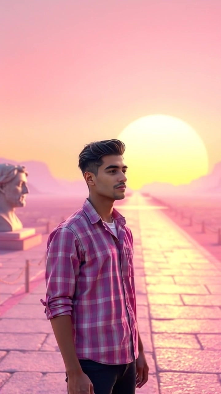 Subject: Abdilhafiis, a tall individual with a slender build, wearing modern streetwear showcasing a unique hairstyle. They stand at a crossroads, contemplating two diverging paths. Scene: A misty forest clearing with sunlight filtering through the trees, creating a serene and mystical atmosphere. Camera language: Slow dolly zoom towards Abdilhafiis, emphasizing their thoughtful expression. Lighting: Soft, diffused sunlight casting dappled rays on the forest floor. Atmosphere: Reflective, contemplative, and mysterious.
