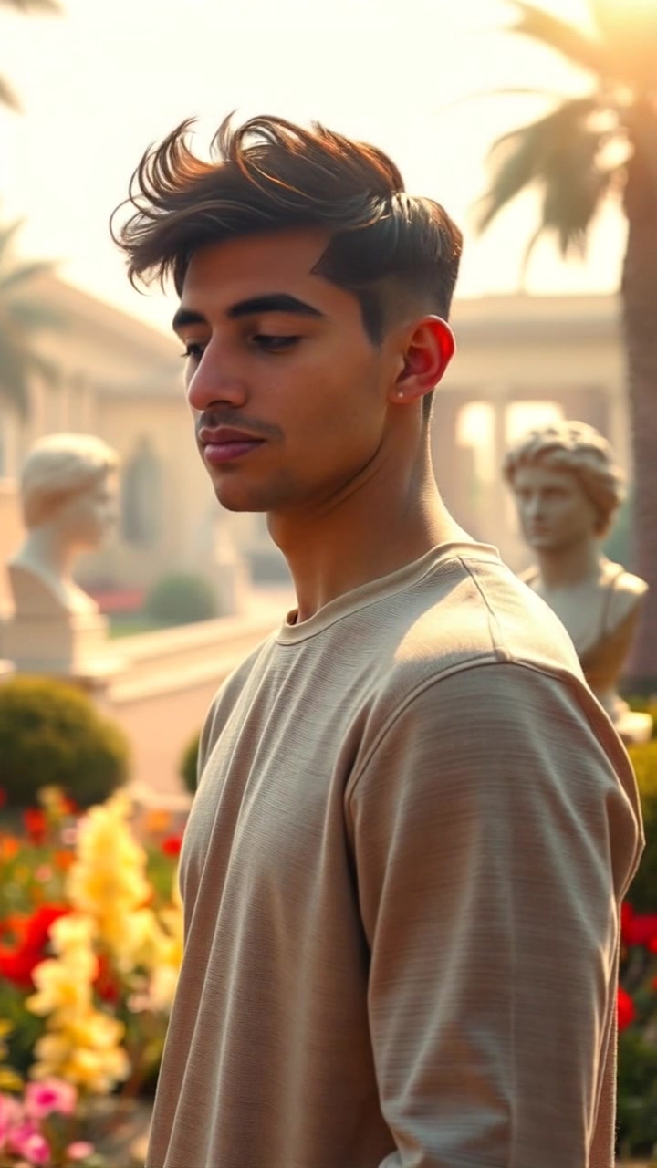 Subject: Abdilhafii, A young man with a slender build, short curly black hair, casual attire, contemplative expression. Subject Movement: Stillness. Scene: Sunlit garden setting with blooming flowers and lush greenery. Camera Language: Slowly orbits around Abdilhafii, capturing the serene atmosphere of the garden. Lighting: Golden-hour sunlight casting warm, soft rays on Abdilhafii's features. Atmosphere: Peaceful, reflective.