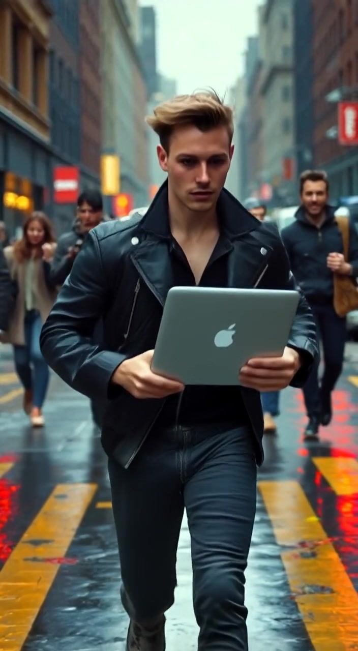 A man jogs swiftly down a bustling street, laptop in hand, with blurred pedestrians moving around him.