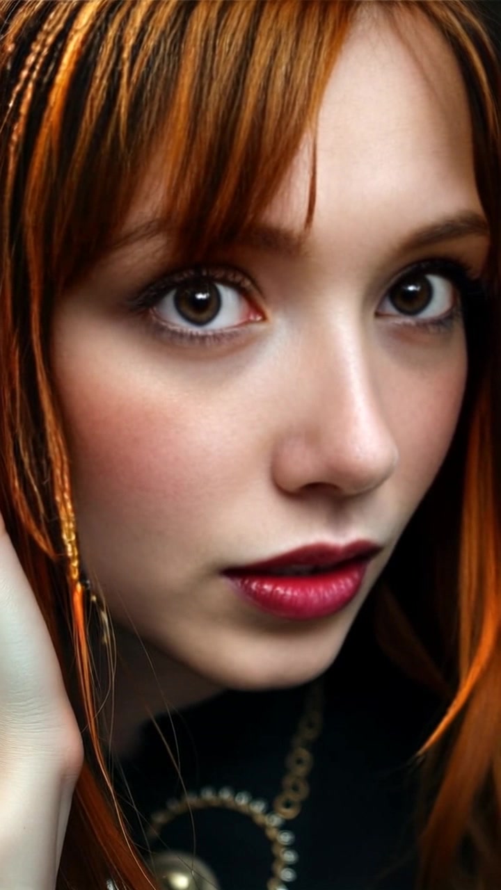A close-up of Lena's face, looking anxious, with her hand on her ear as if listening.