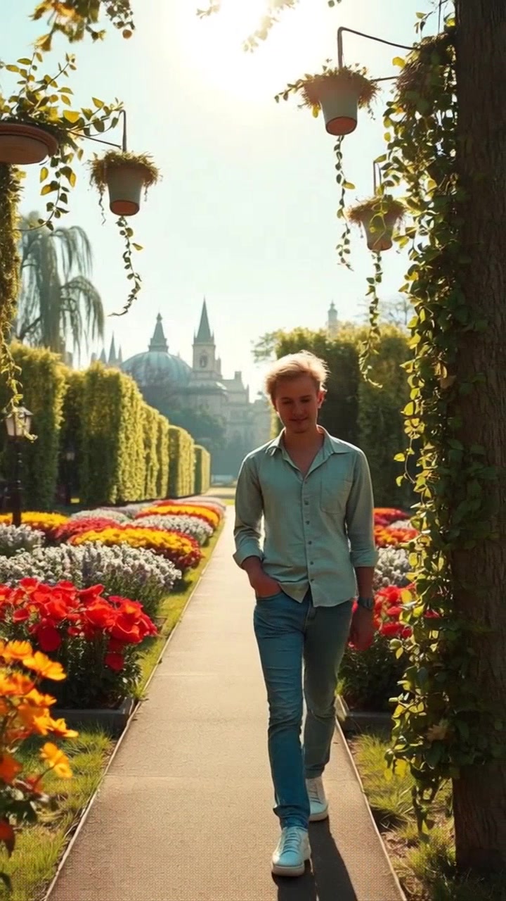 Subject: A person walking along a winding path. Subject movement: Zaid strolls leisurely, enjoying the vibrant surroundings. Scene: A sunny park filled with colorful blooming flowers, lush green grass, and gentle trees swaying in the breeze. Lighting: Soft sunlight filters through, creating dappled shadows on the path. Motion: A smooth tracking shot follows Zaid's movement, gliding effortlessly alongside him while highlighting the lush flora.