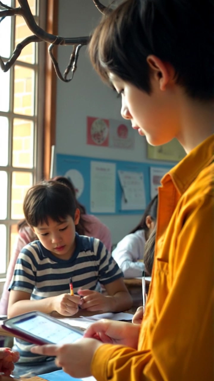 Scene: A vibrant community center filled with lively children gathered around tables, engaged in homework activities under the guidance of friendly volunteers. Style: Warm, inviting ambient lighting creating a cheerful atmosphere. Motion: The camera performs a slow, sweeping push-in, capturing the interactions of the children and volunteers, while showcasing their animated expressions and collaborative spirit.