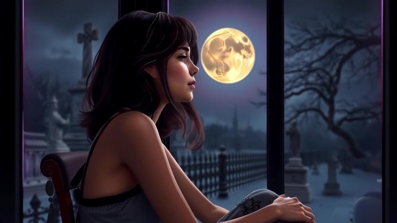 Scene: A serene night setting with Zainab sitting thoughtfully by a window, bathed in soft moonlight, gazing up at a starry night sky. Style: Gentle, ambient moonlight creating a calming atmosphere with deep shadows and bright highlights on her features. Motion: Camera slowly zooms in on her face, capturing her contemplative expression while the celestial backdrop twinkles softly, enhancing the tranquil mood.