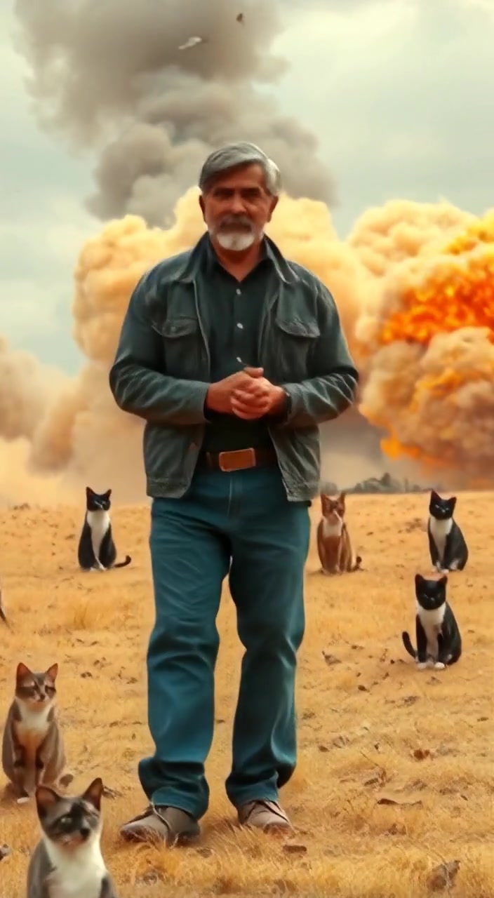 The man stands amidst swirling smoke and debris, surveying the aftermath of the explosion in a quiet, open field.