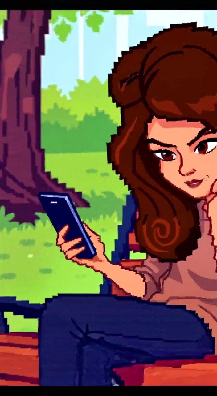 The woman casually scrolls through her smartphone, a slight smirk appearing as she reads a humorous tweet.
