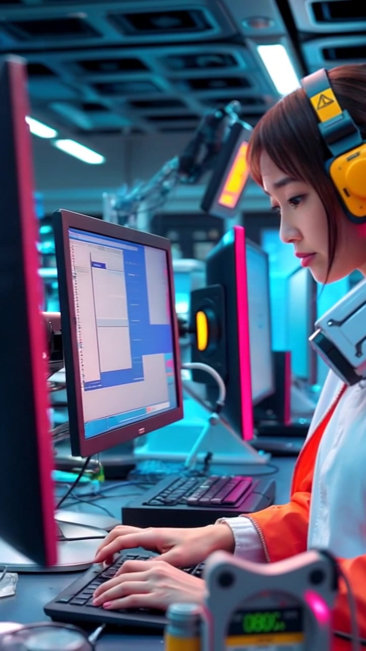 Scene: A busy modern laboratory filled with screens and gadgets, where a scientist is immersed in their computer work, surrounded by various instruments and displays. Style: Bright, sterile lighting creates a focused atmosphere, enhancing the high-tech environment. Motion: The camera moves through the lab with a smooth dolly shot, capturing the dynamic interactions between the scientist and the technology, while pans over the intricate details of the gadgets.