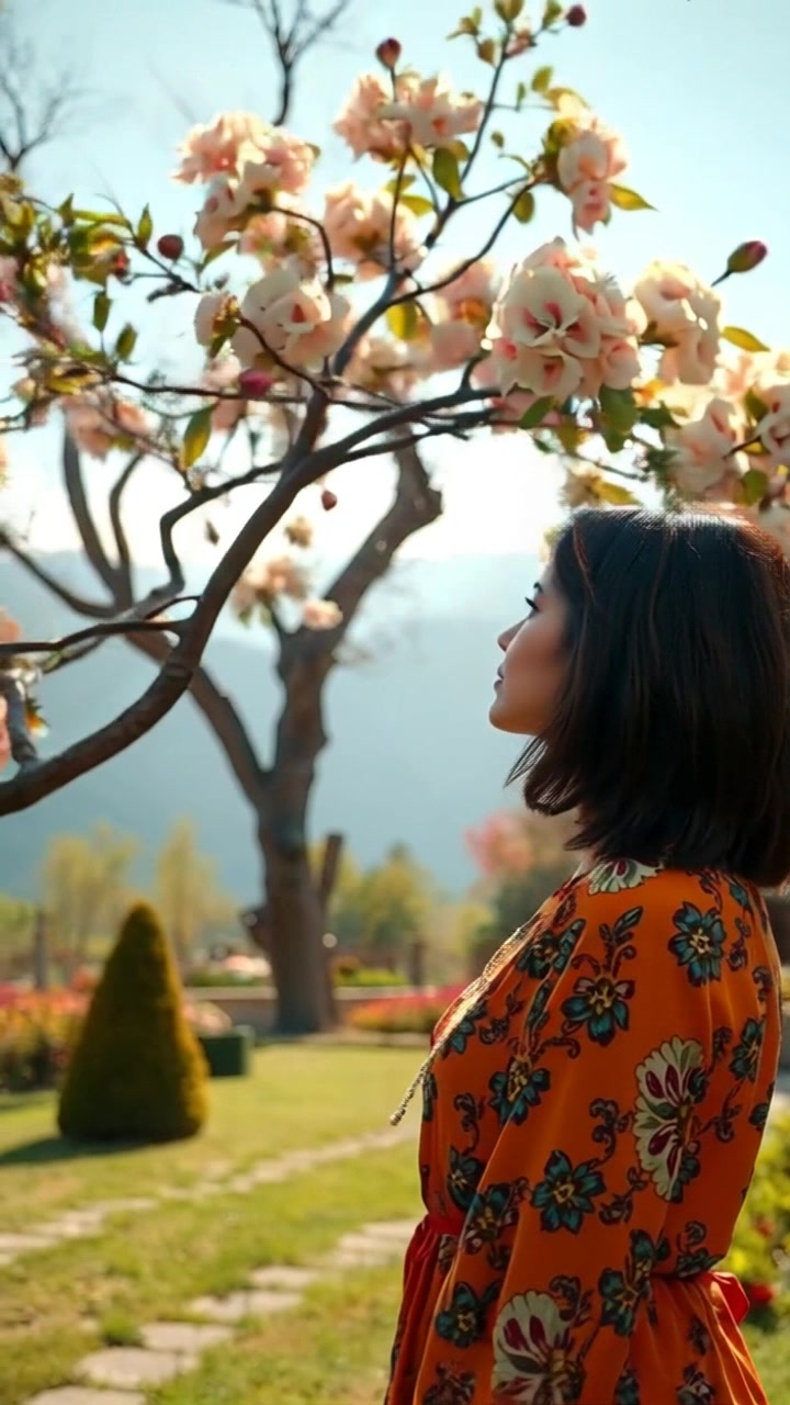 Subject: Meera standing in a sunlit garden, looking thoughtfully at a blossoming tree. Scene: A vibrant garden filled with colorful flowers, vibrant green foliage, and distant mountains framing the background. Lighting: Soft, warm sunlight illuminating the scene, enhancing the tranquility of the moment. Motion: Camera begins with a close-up of Meera's contemplative expression before gently pulling back to showcase the beauty of the entire garden, revealing the blossoming tree and majestic mountains in the distance.