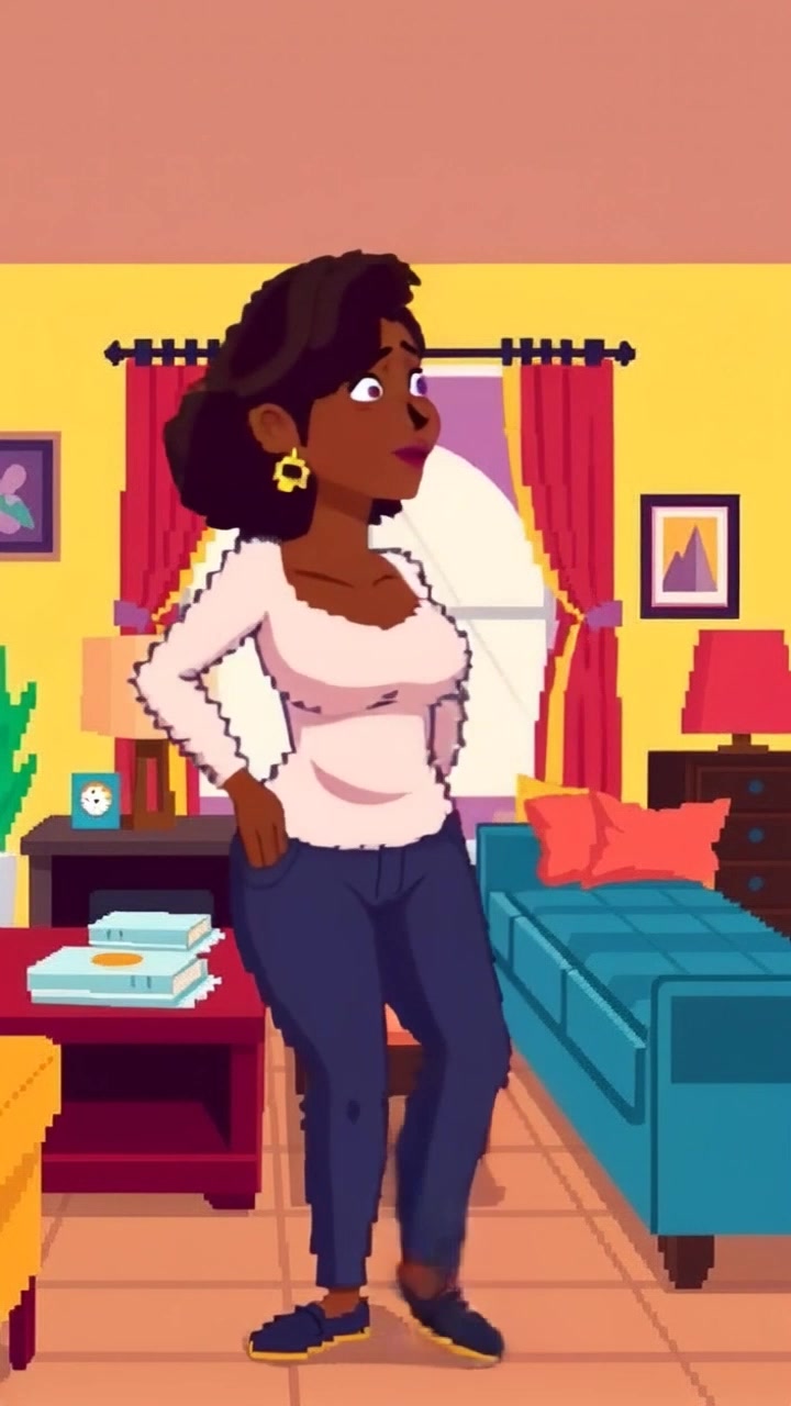 The Woman standing in a living room, looking frustrated, with furniture around her.