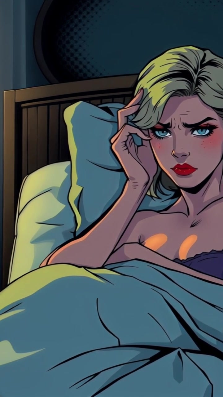 Subject: A woman with a frustrated expression, sitting up in bed and rubbing her eyes. Subject movement: She shifts restlessly, adjusting her position as the covers slide off her shoulders. Scene: A softly lit bedroom, with morning light filtering through sheer curtains, casting a gentle glow across the room. Motion: The camera performs a slow push-in approach towards her, capturing the subtle tension in her movement and the inviting atmosphere of the cozy space.