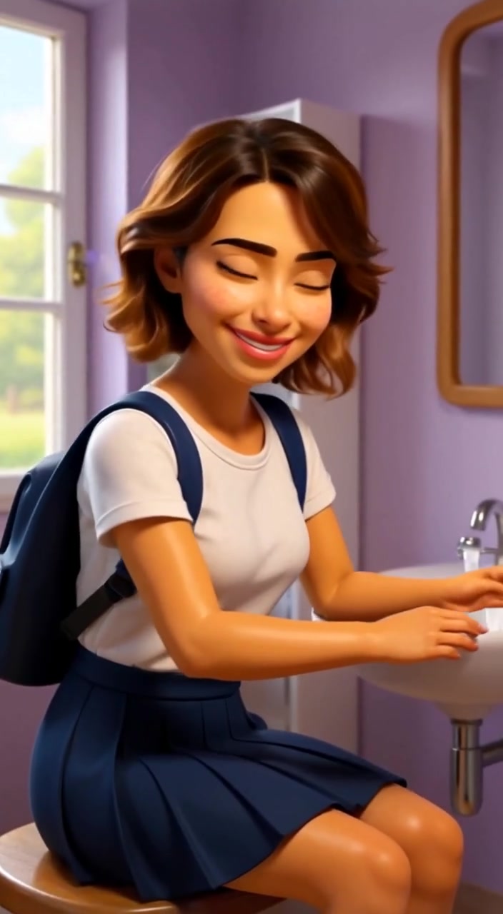 The woman gently washes her hands, water flowing smoothly from the faucet as she smiles at her reflection.