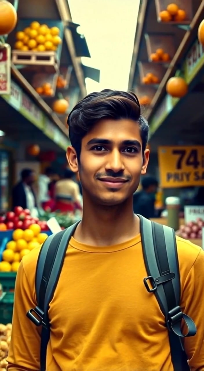 A man walks through a bustling market, smiling gently as he admires the vibrant stalls of fresh fruits and vegetables.