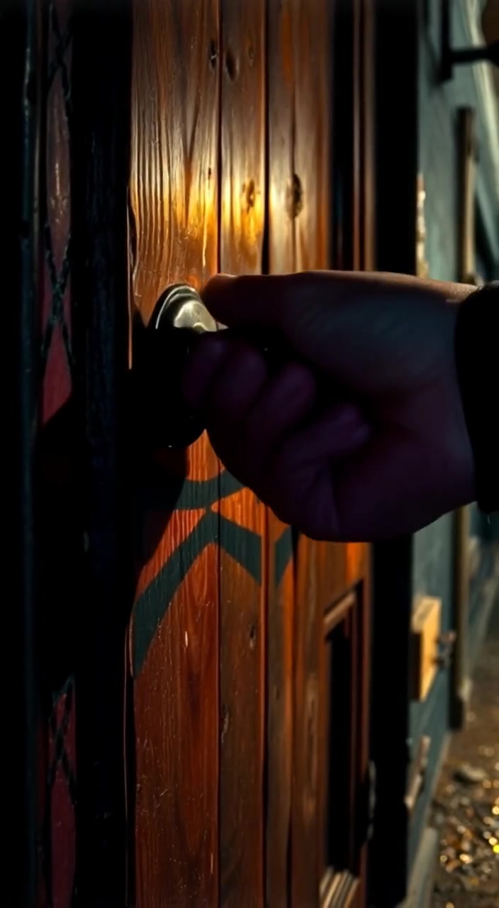 The handle gently turns as a soft knock resonates against the wooden door, inviting anticipation in the room.