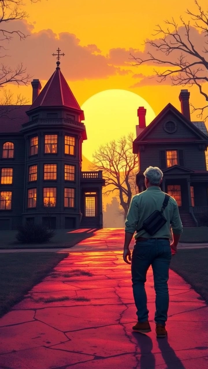 Subject: A man walking towards an old, eerie house at dusk. Subject movement: The man strides cautiously, glancing over his shoulder as shadows stretch ominously behind him. Scene: The path is lined with twisted trees, their branches silhouetted against the fading light, leading up to a dilapidated house shrouded in mystery. Style: Warm, fading daylight mixed with cool shadows, creating an unsettling contrast. Motion: The camera follows the man from a low angle, gently tracking backwards to capture his approach, while the ambiance heightens with a subtle breeze rustling through the leaves.