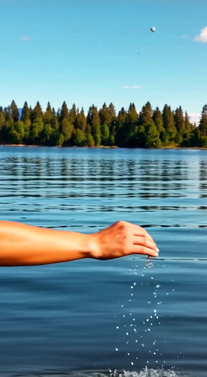 The woman gently tosses a pebble into the lake, creating ripples as trees reflect on the water's surface.