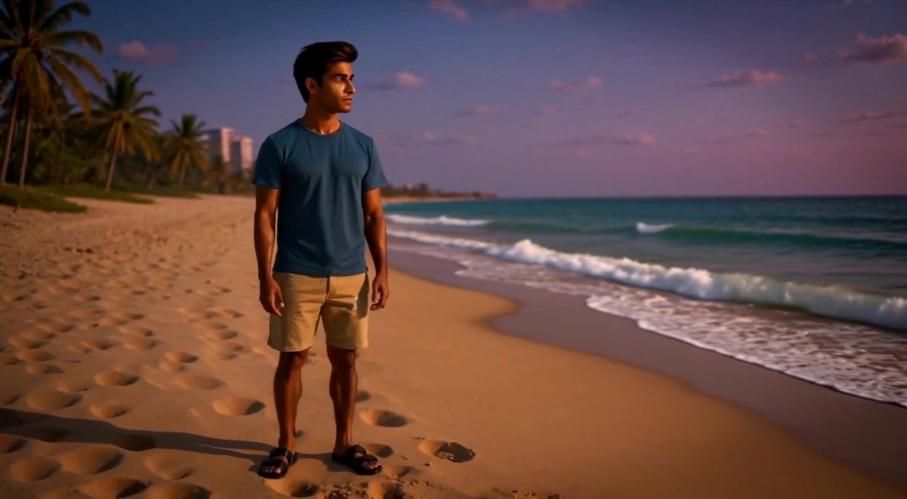 The man gazes at the ocean waves, as gentle breeze ruffles his hair under a clear blue sky.