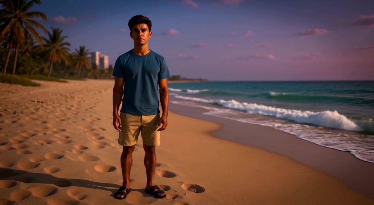 The man stands still as ocean waves gently crash on the sandy beach under a clear blue sky.