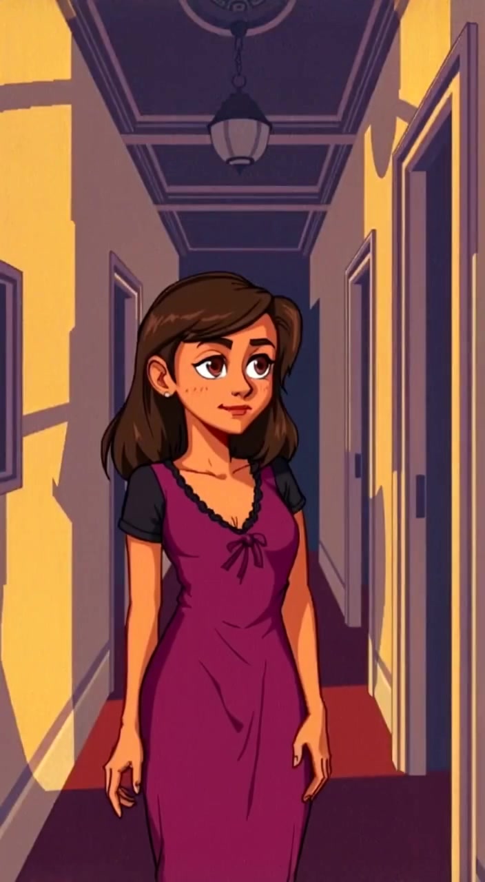 The woman hesitantly walks forward in the dimly lit hallway, shadows dancing on the walls around her.