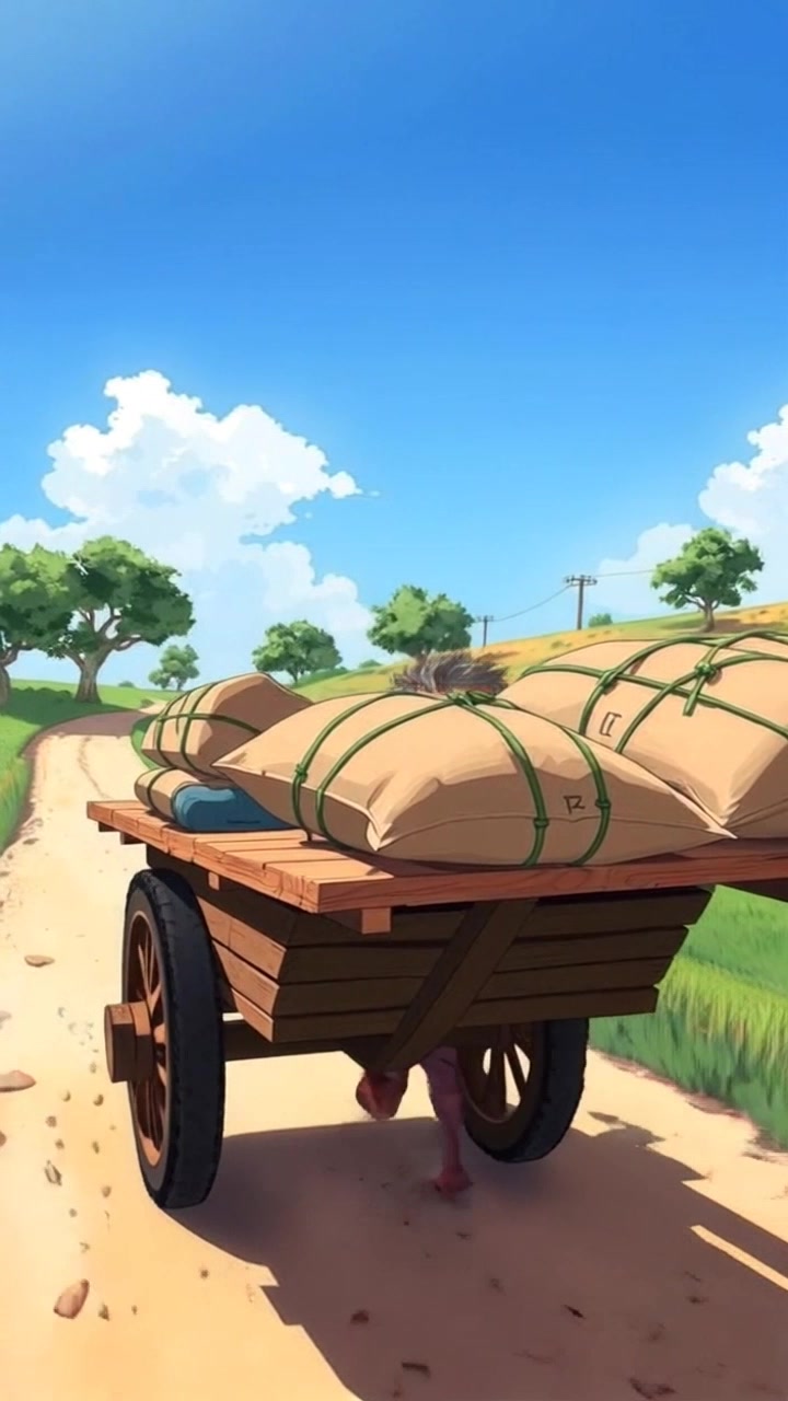A street scene with Poor Man working hard, using a cart to transport goods under the hot sun.