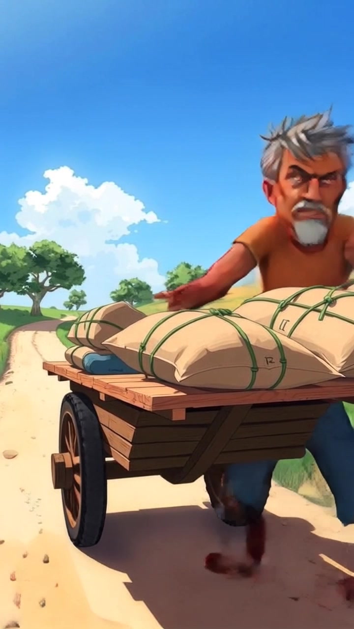 A street scene with Poor Man working hard, using a cart to transport goods under the hot sun.