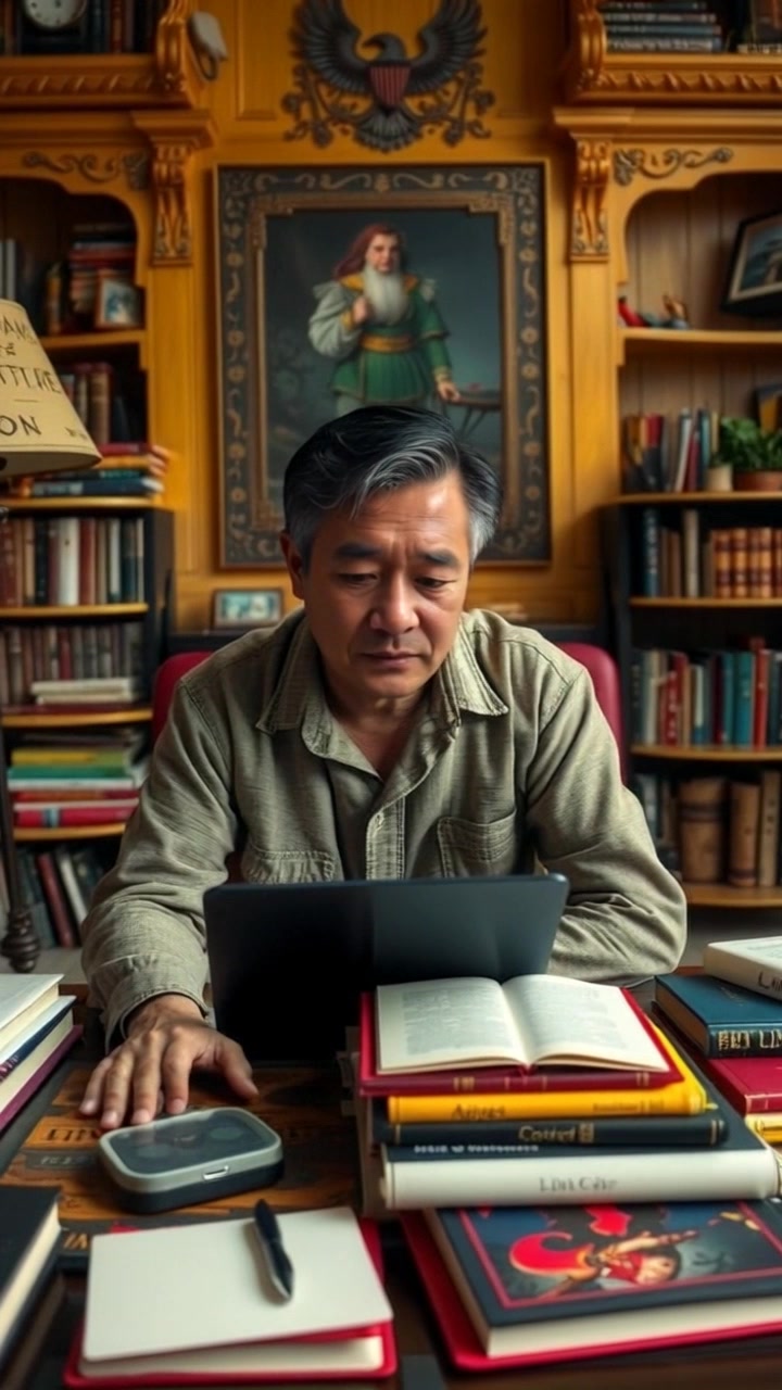 A cozy living room with a large table covered in books and a laptop, showing a middle-aged man looking determined.