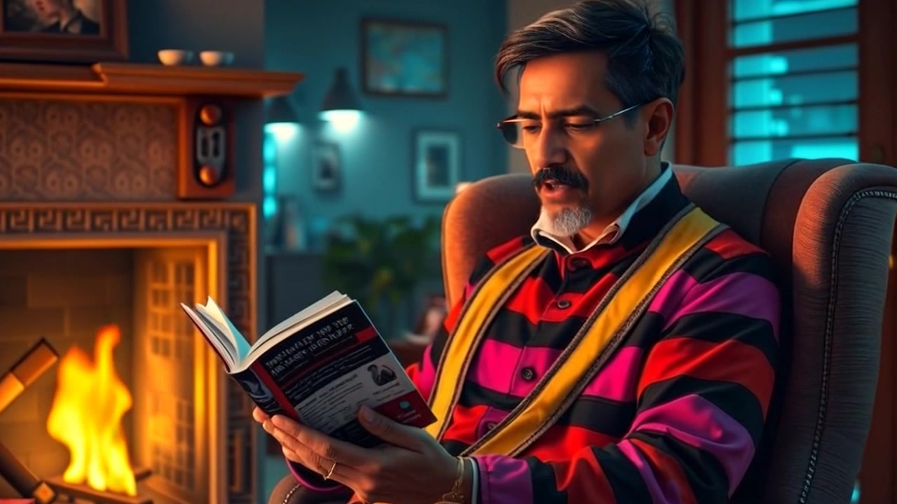 Subject: The Narrator reading from a book. Subject movement: The Narrator shifts slightly in the cozy armchair, turning pages with a contemplative expression. Scene: A warm, inviting living room setting with a glowing fireplace casting flickering shadows. Style: Soft, ambient lighting enhancing the cozy atmosphere. Motion: The camera slowly pushes in on the Narrator, capturing the details of the book and the fire's dance, while creating an intimate connection with the viewer.