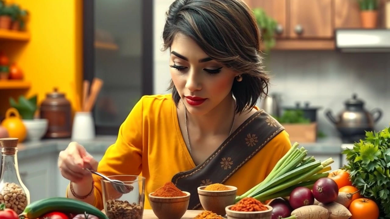 Subject: A focused chef measuring various spices on a kitchen counter. Subject movement: The chef lifts a measuring spoon from a colorful array of ingredients, carefully pouring spices into a bowl with precision. Scene: A bright and vibrant kitchen setting, filled with colorful vegetables, herbs, and spices scattered across the counter. Lighting: Morning light streaming in through a nearby window, illuminating the freshness of the ingredients. Motion: The camera performs a smooth, close-up tracking shot that follows the chef's hands, showcasing the intricate details of the measuring process.