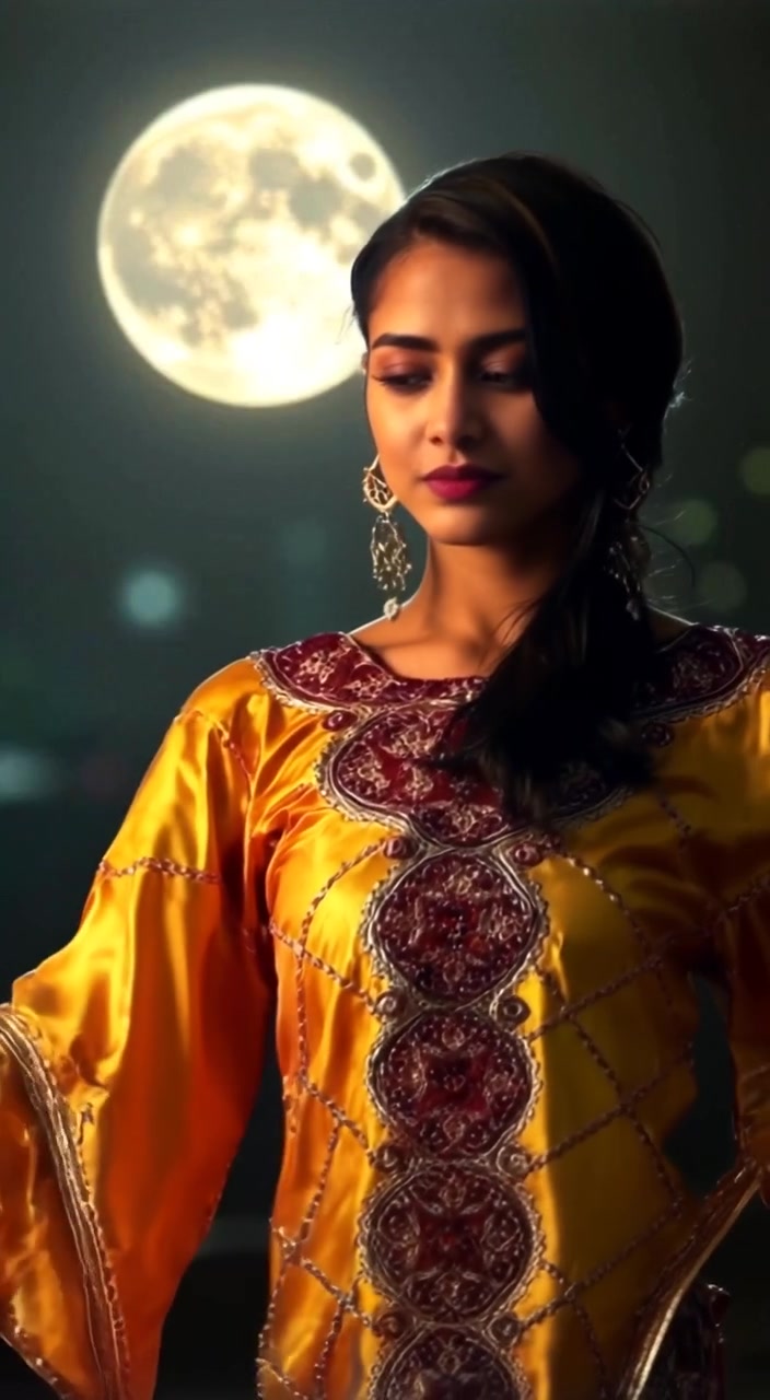 The woman dances gracefully, her shimmery outfit reflecting intricate patterns under the soft glow of the moonlight.